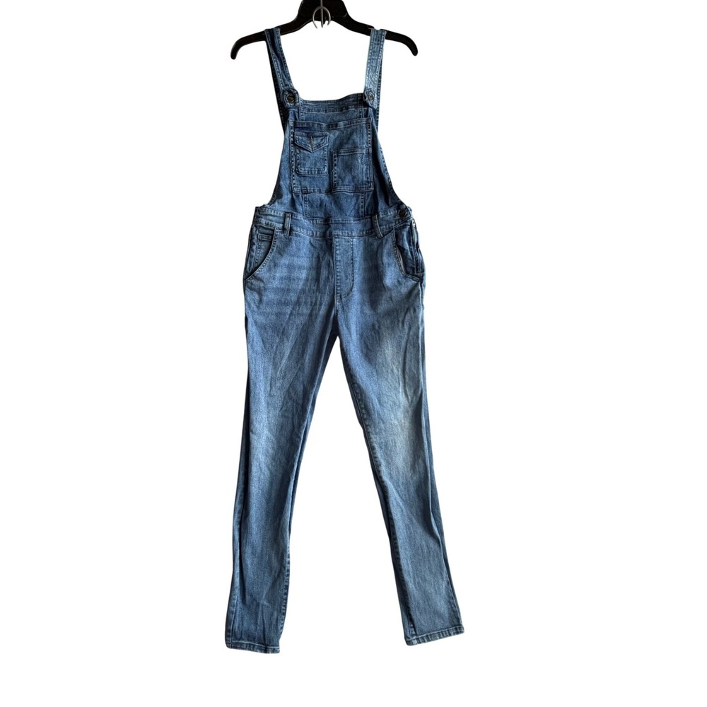 Gwynn Denim Overalls Women 16 Medium Slim Fit Bib Side Zip Distressed Med Wash